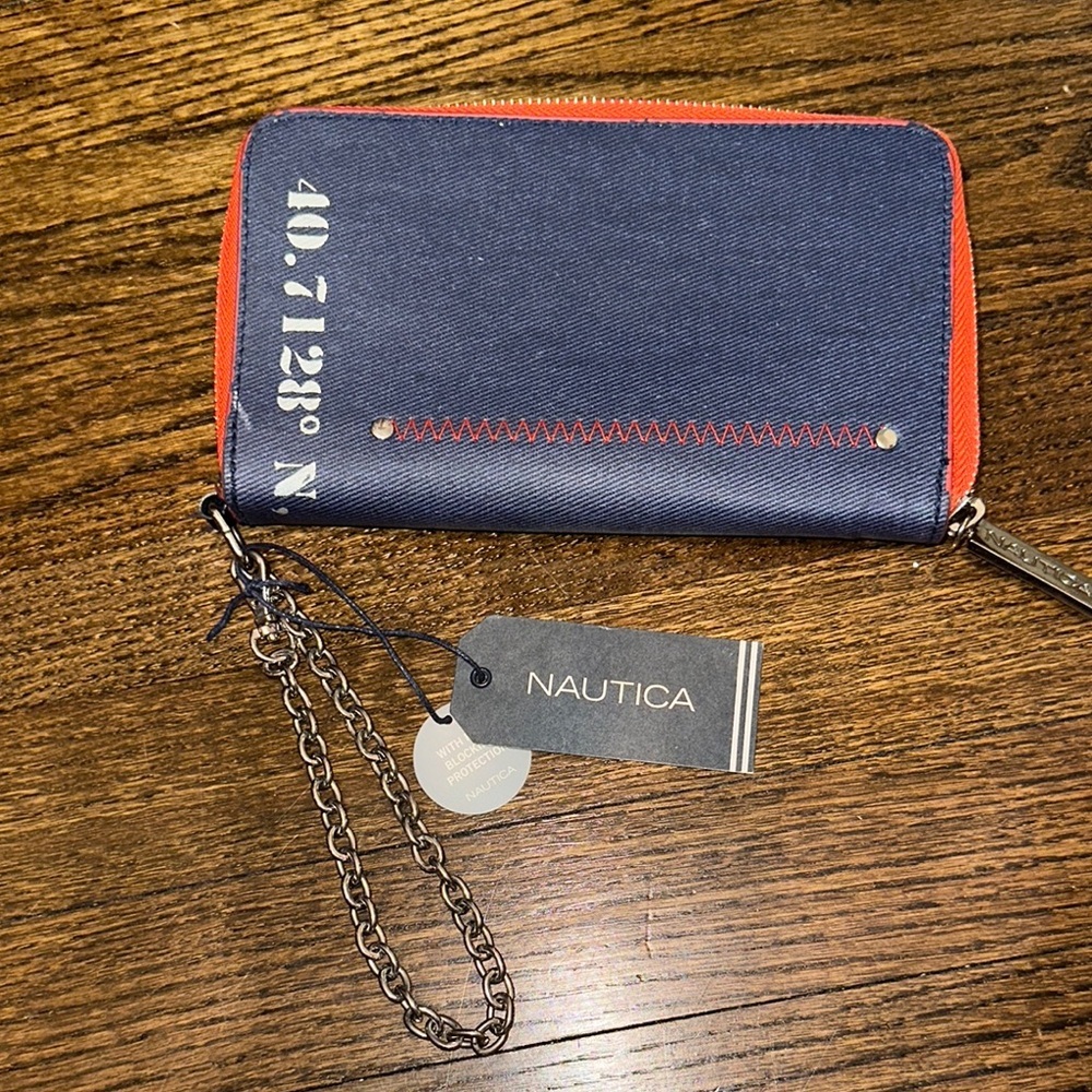 Distressed RFID Blocking 13 Card Long Denim Like Navy Wallet with Silver Chain